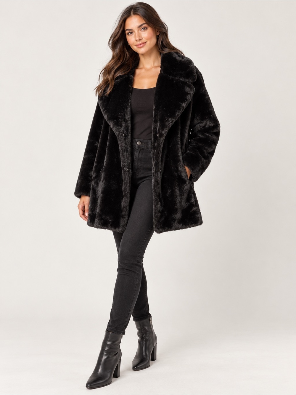 H&M Divided Black Plush Faux-Fur Winter Coat | Super Soft Cozy Oversized - Large